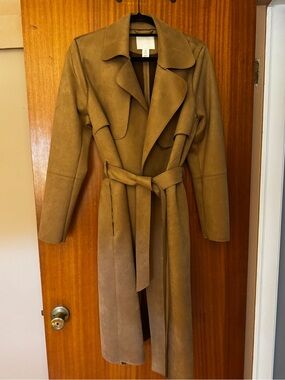 H&M Camel Brown Faux Suede Trench Coat with Belt